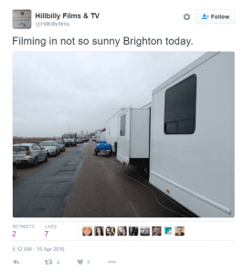 A tweet from April showing Hillbilly Films and TV at work in Brighton 