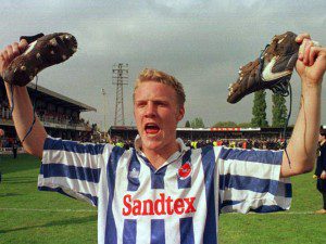 May '97 - Hereford United 1-1 Brighton: Robbie Reinelt celebrates after his goal preserves the Albion's League status.