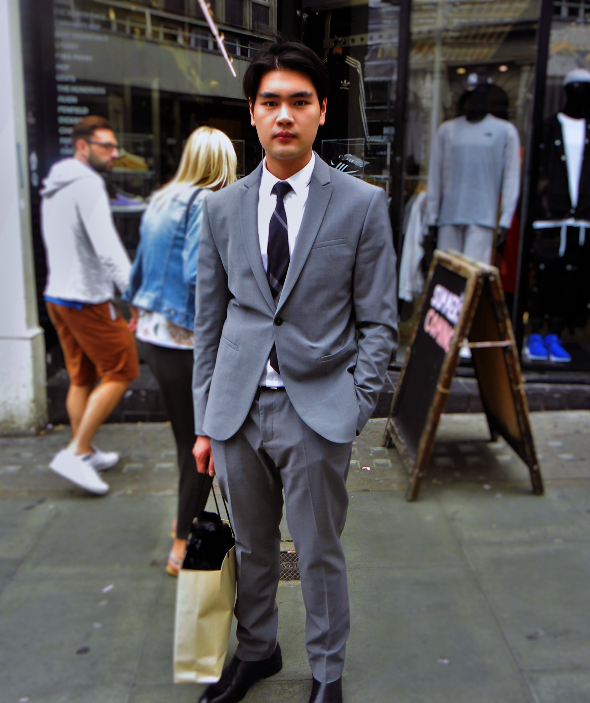 Jirat is wearing a suit and shoes from Zara and tie from Blue Beni.