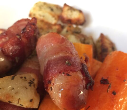 GF Dinners: Bacon Wrapped Sausages And Roasted Mediterranean Potatoes