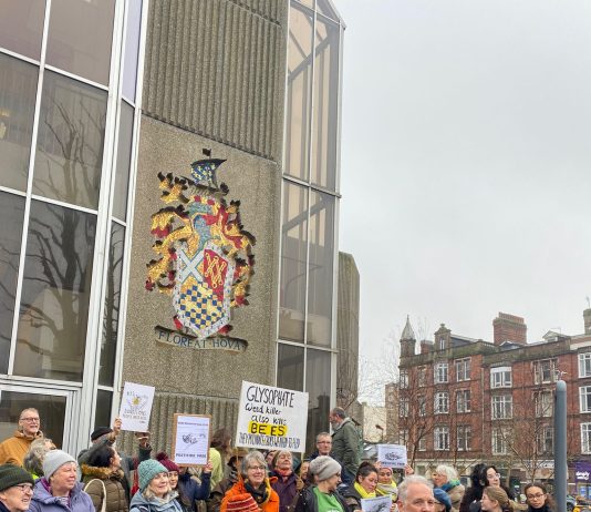 Pesticide charity protested against council plans to reintroduce glyphosate weedkiller outside Hove Town Hall today