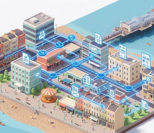 How Small Businesses in Brighton Can Use AI Automation to Save 10+ Hours a Week Isometric illustration of Brighton seafront buildings connected by AI automation workflow pathways showing email, invoice, and report processing flows.