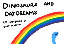 Dinosaurs and Daydreams Brighton: Exciting Billy Murphy Show Opens 10 November Dinosaurs and Daydreams Brighton exhibition poster by Billy Murphy, a blue dinosaur beneath a rainbow