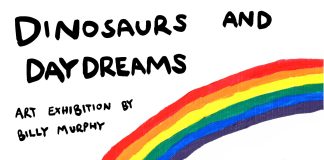 Dinosaurs and Daydreams Brighton: Exciting Billy Murphy Show Opens 10 November Dinosaurs and Daydreams Brighton exhibition poster by Billy Murphy, a blue dinosaur beneath a rainbow