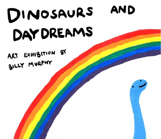 Dinosaurs and Daydreams Brighton: Exciting Billy Murphy Show Opens 10 November Dinosaurs and Daydreams Brighton exhibition poster by Billy Murphy, a blue dinosaur beneath a rainbow